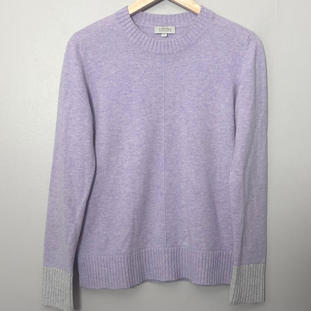 Kinross Cashmere Sweater Womens S Purple 100% Cashmere Crew Neck Contrast Cuff
